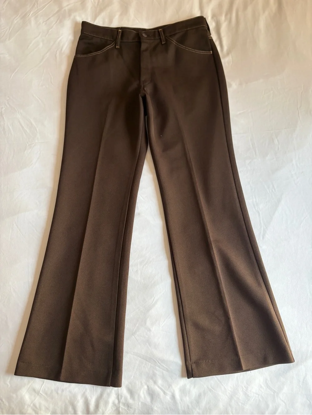 Farah Chocolate Brown Contrast Stitch Flare Trousers Retro Workwear Menswear